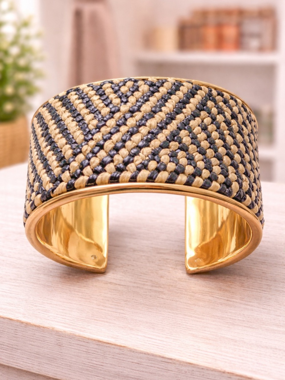 Gold-Trim Black and White Woven Cuff Bracelet